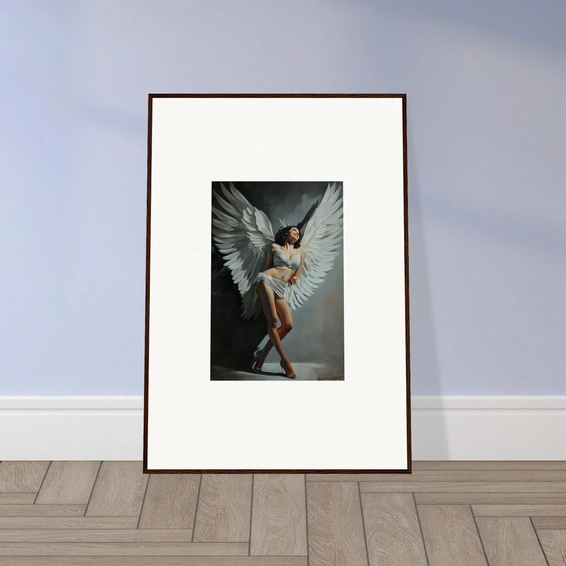 Stunning wall art of a figure with white wings, perfect for room decoration