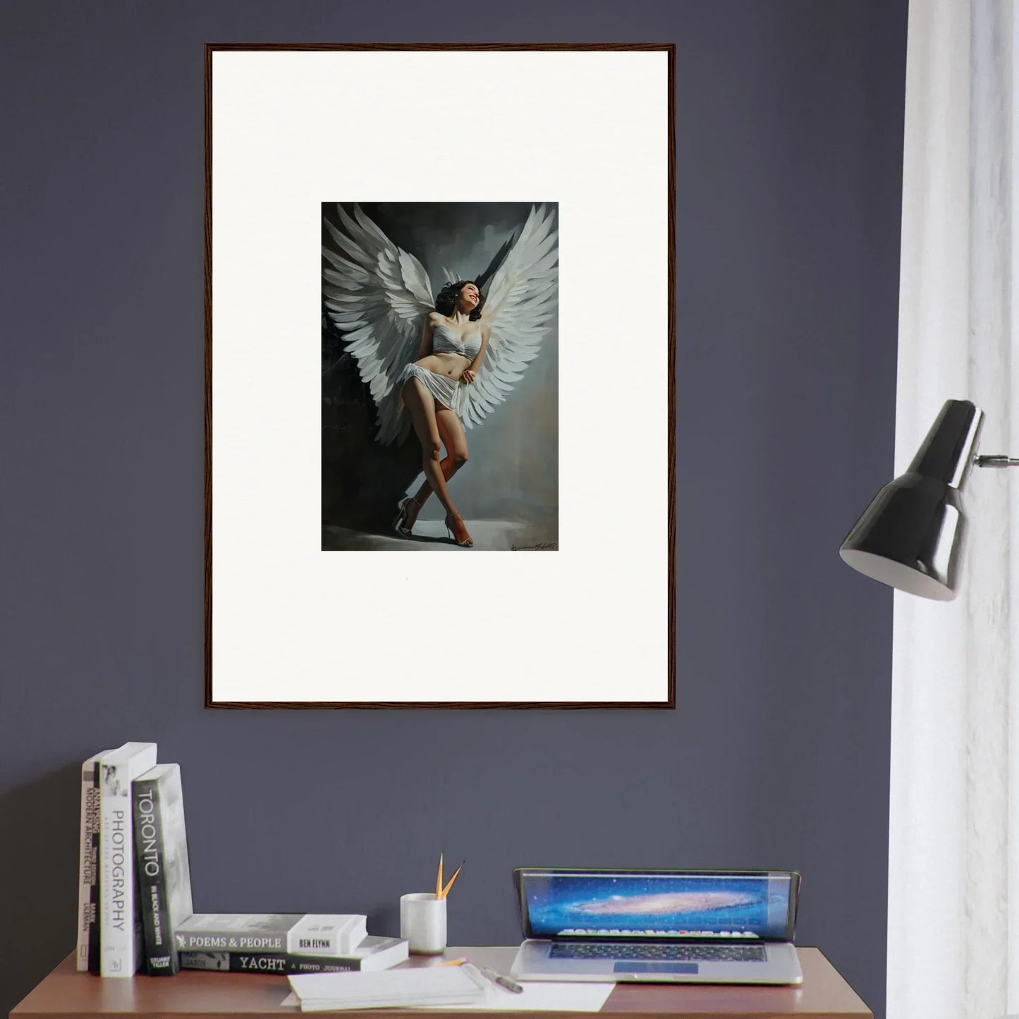 Framed wall art of a person with white wings for stunning room decoration