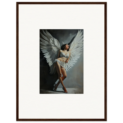 Framed wall art of a woman with white wings, perfect for room decoration