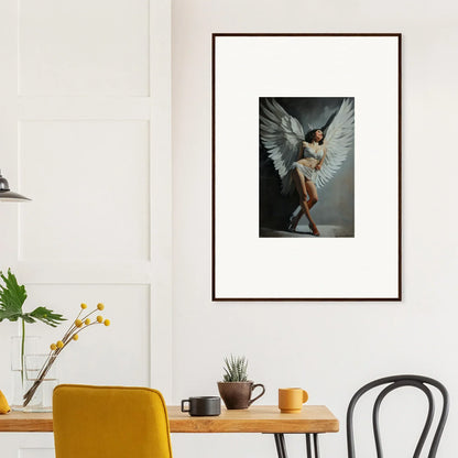 Framed wall art of a dancer with white wings, perfect for unique room decoration