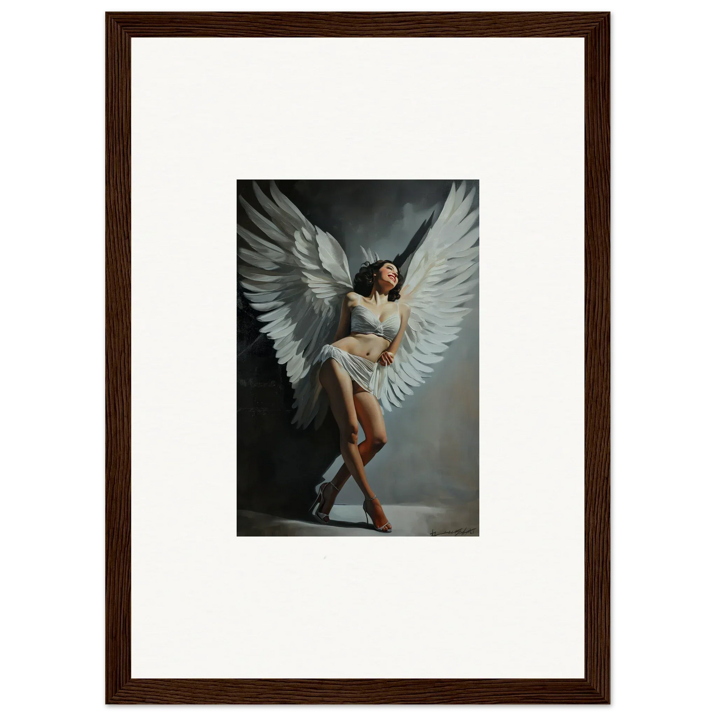 Framed canvas print of a woman with wings, perfect wall art for room decoration