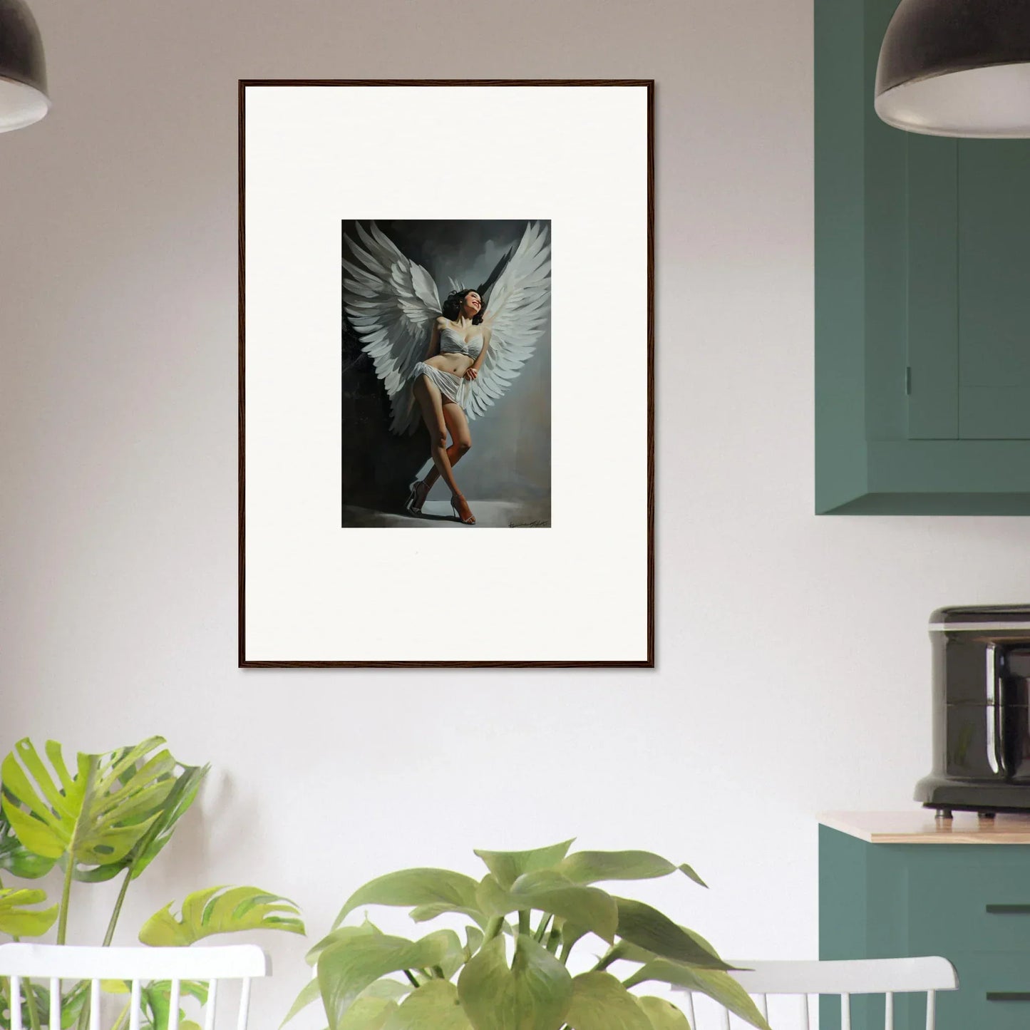 Framed wall art of a figure with wings, perfect for vibrant room decoration