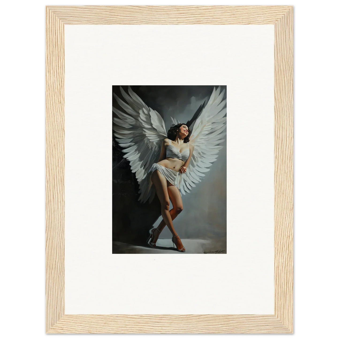 Framed canvas print of graceful figure with white wings, perfect for room decoration