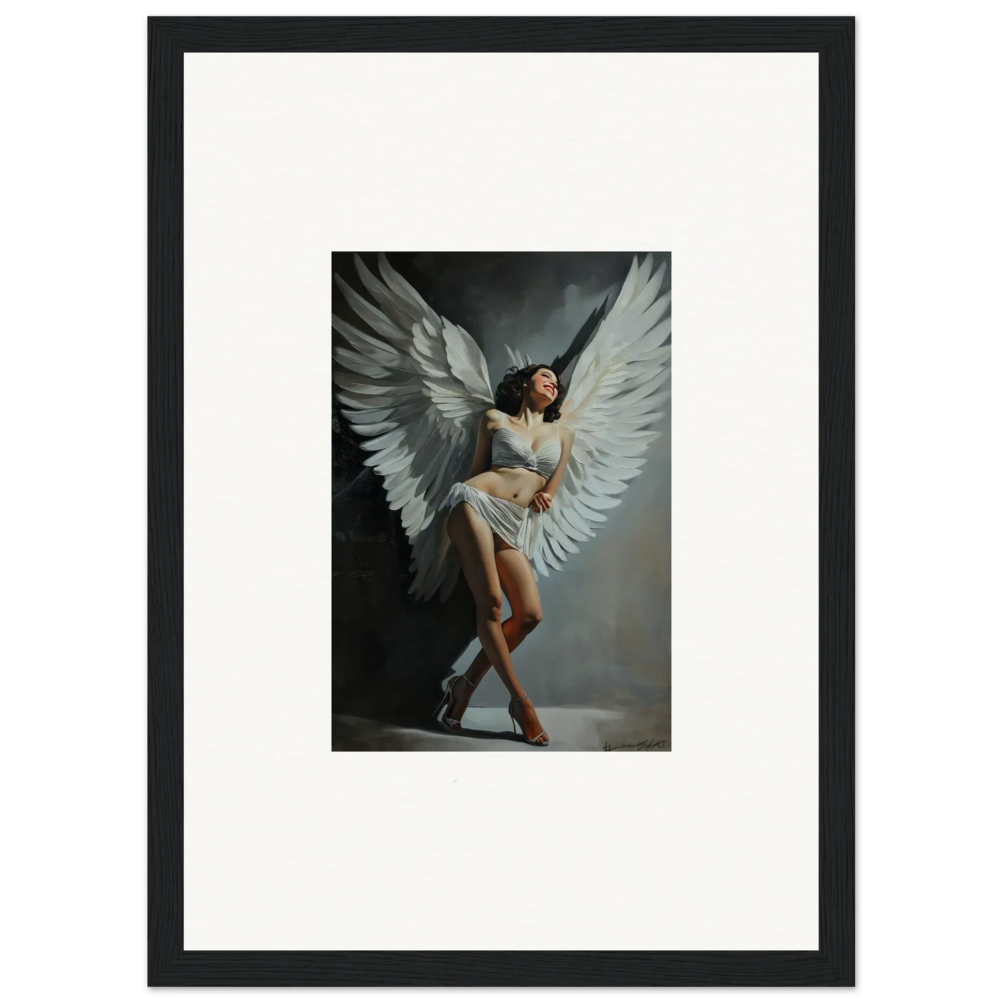 Framed canvas print of a graceful woman with white wings for stunning room decoration