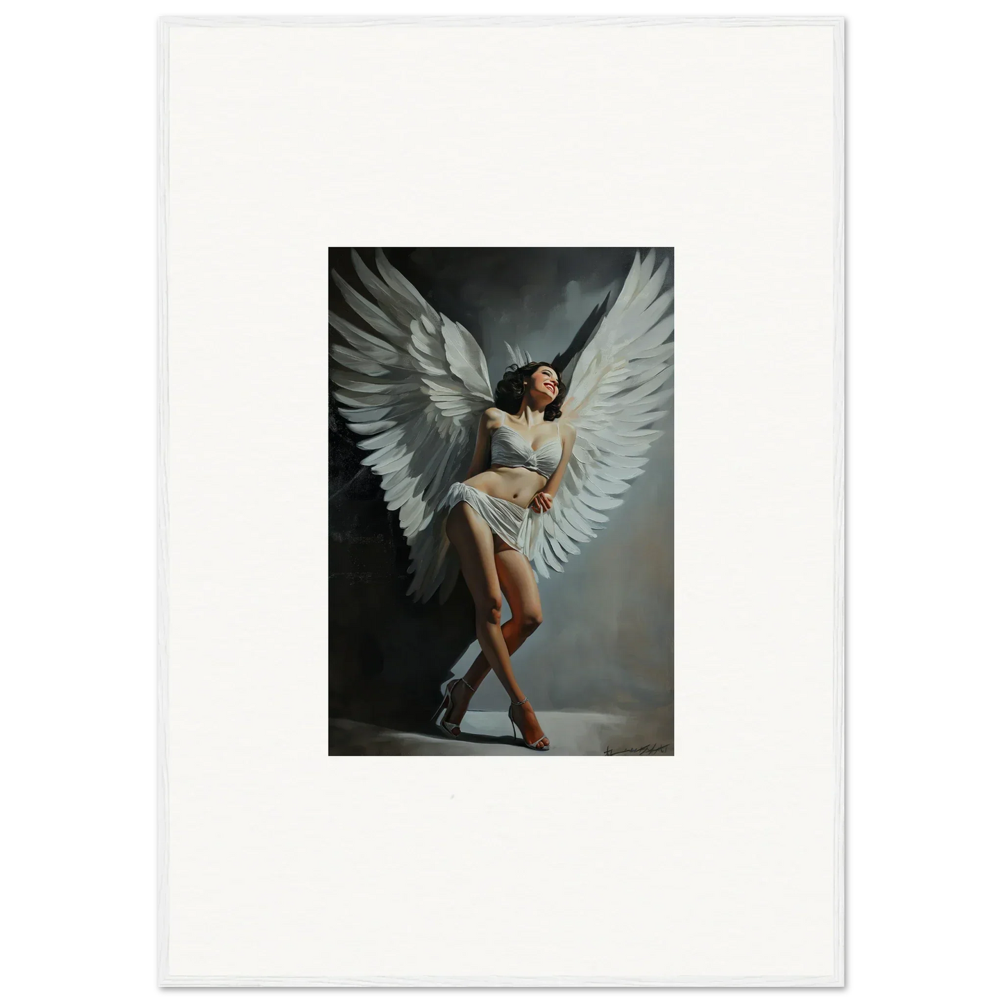 Dramatic canvas print of a figure with white wings for stunning wall art decor