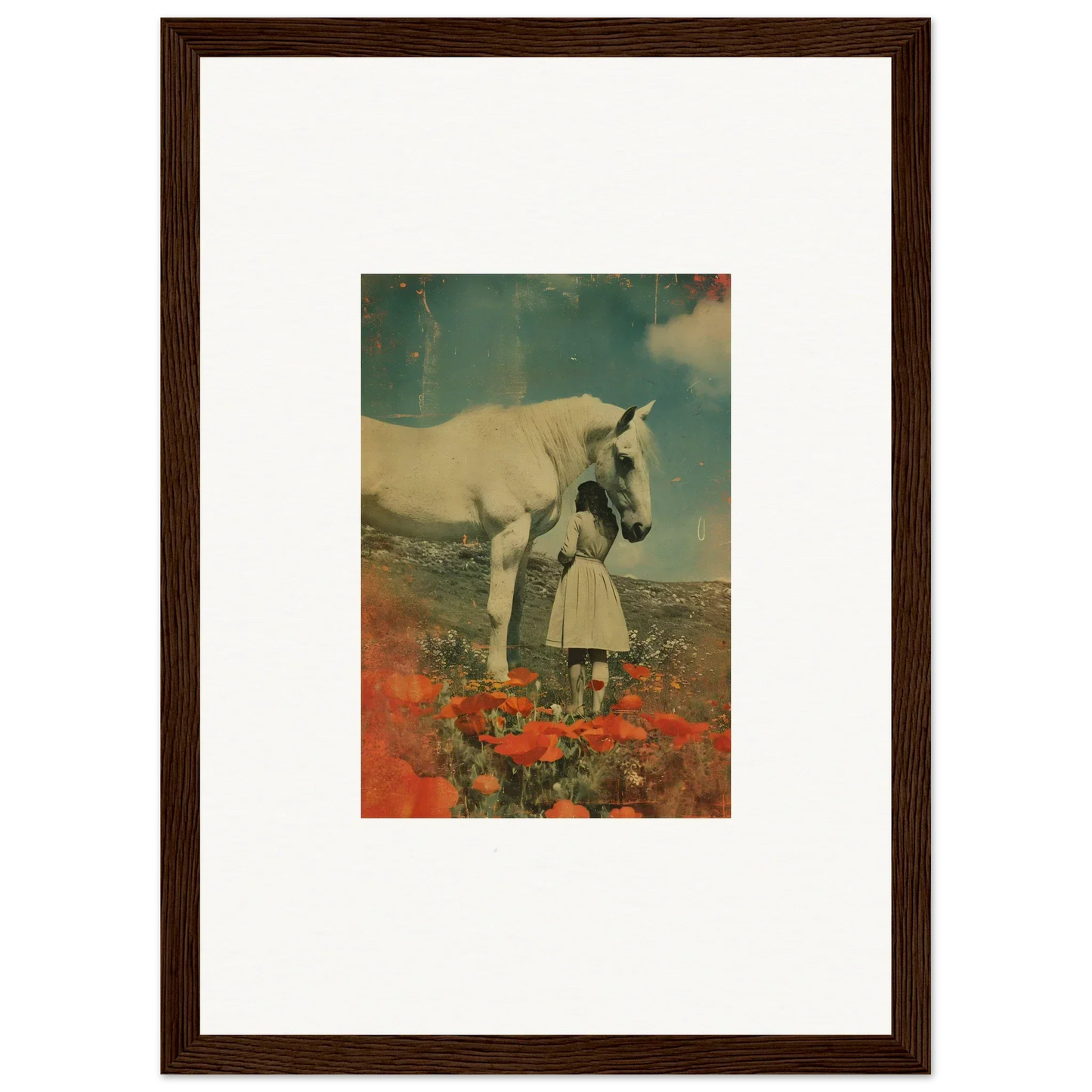 Framed surrealist artwork of a girl and unicorn, perfect for Room Decor, Whisperer Equis