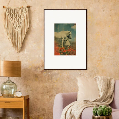 Framed surrealist wall art of a goat-headed figure in red flowers for room decor