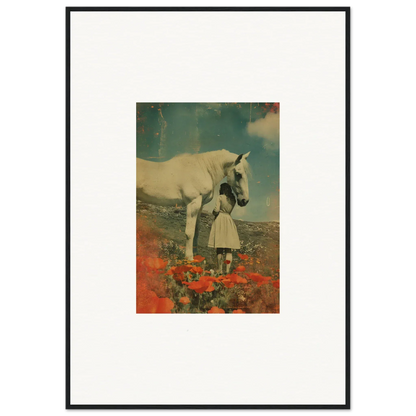 Surreal collage of a person with a unicorn in flowers for Whisperer Equis room decor