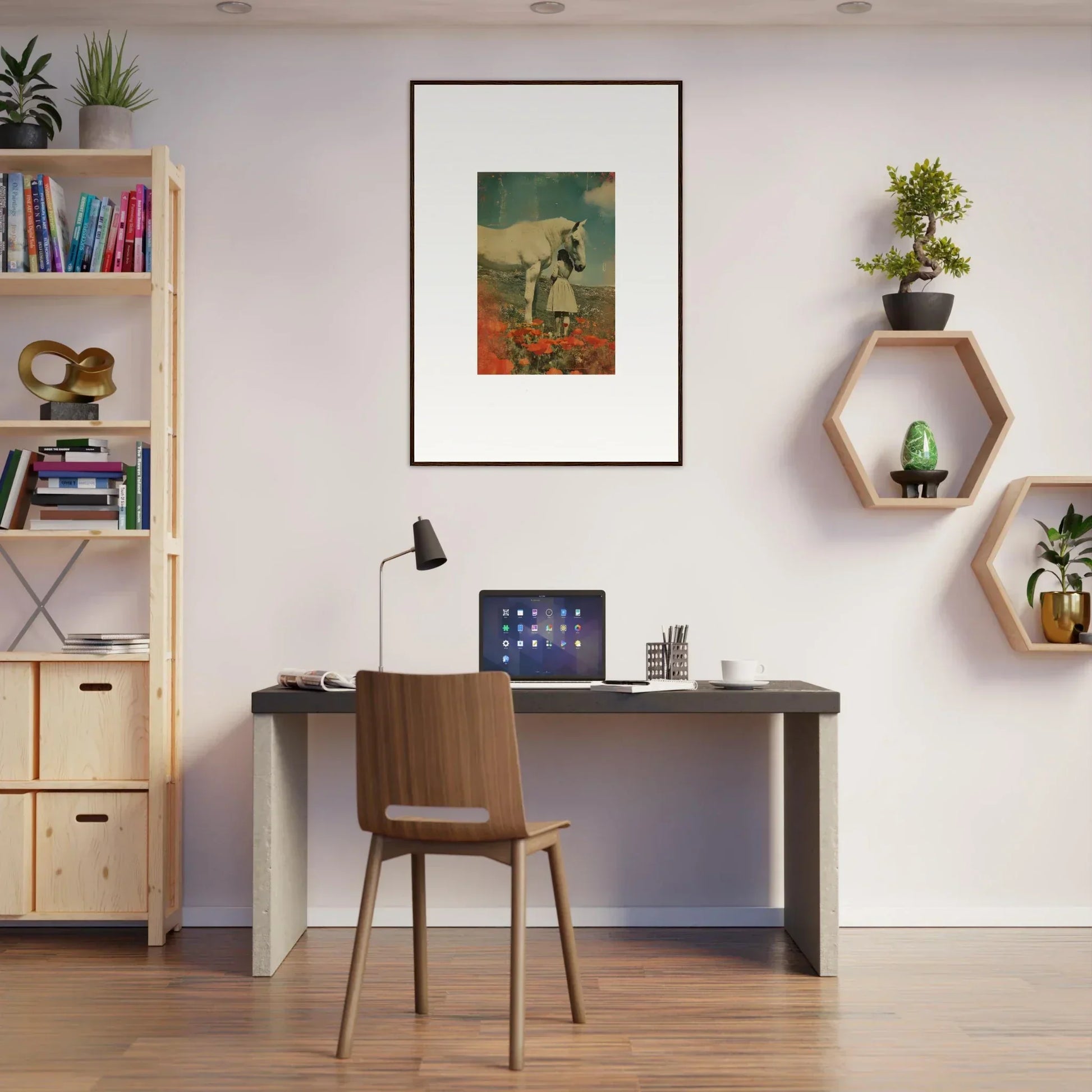 Home office workspace featuring Cerulean Whisperer Equis with stylish room decor and framed wall art