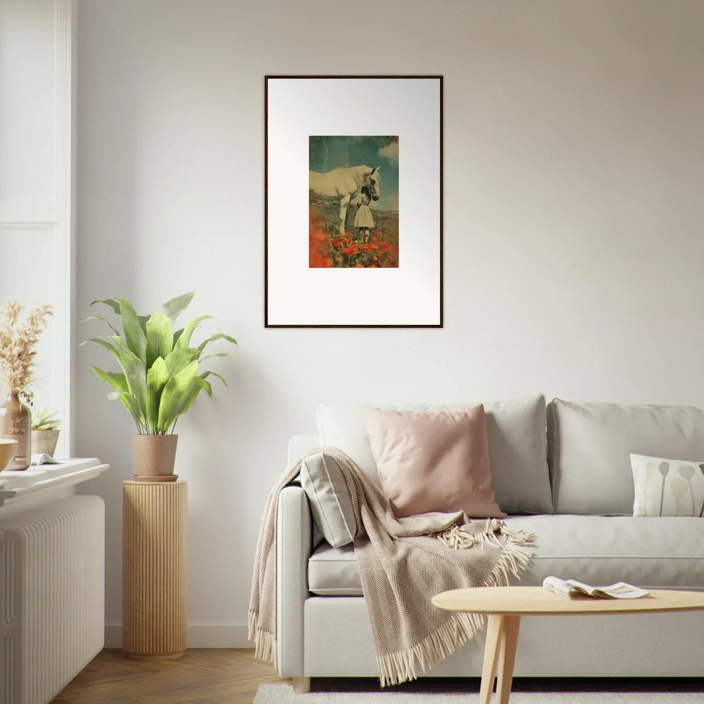 Framed wall art of a surreal scene with figures in a red landscape for Room Decor