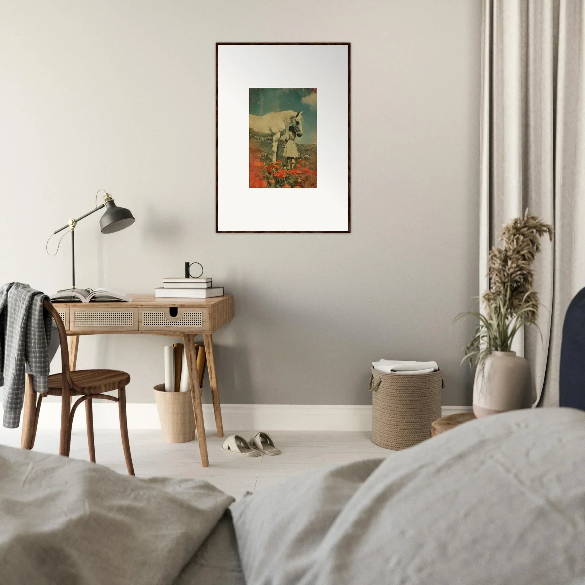 Framed surrealist artwork from Whisperer Equis enhancing modern room decor