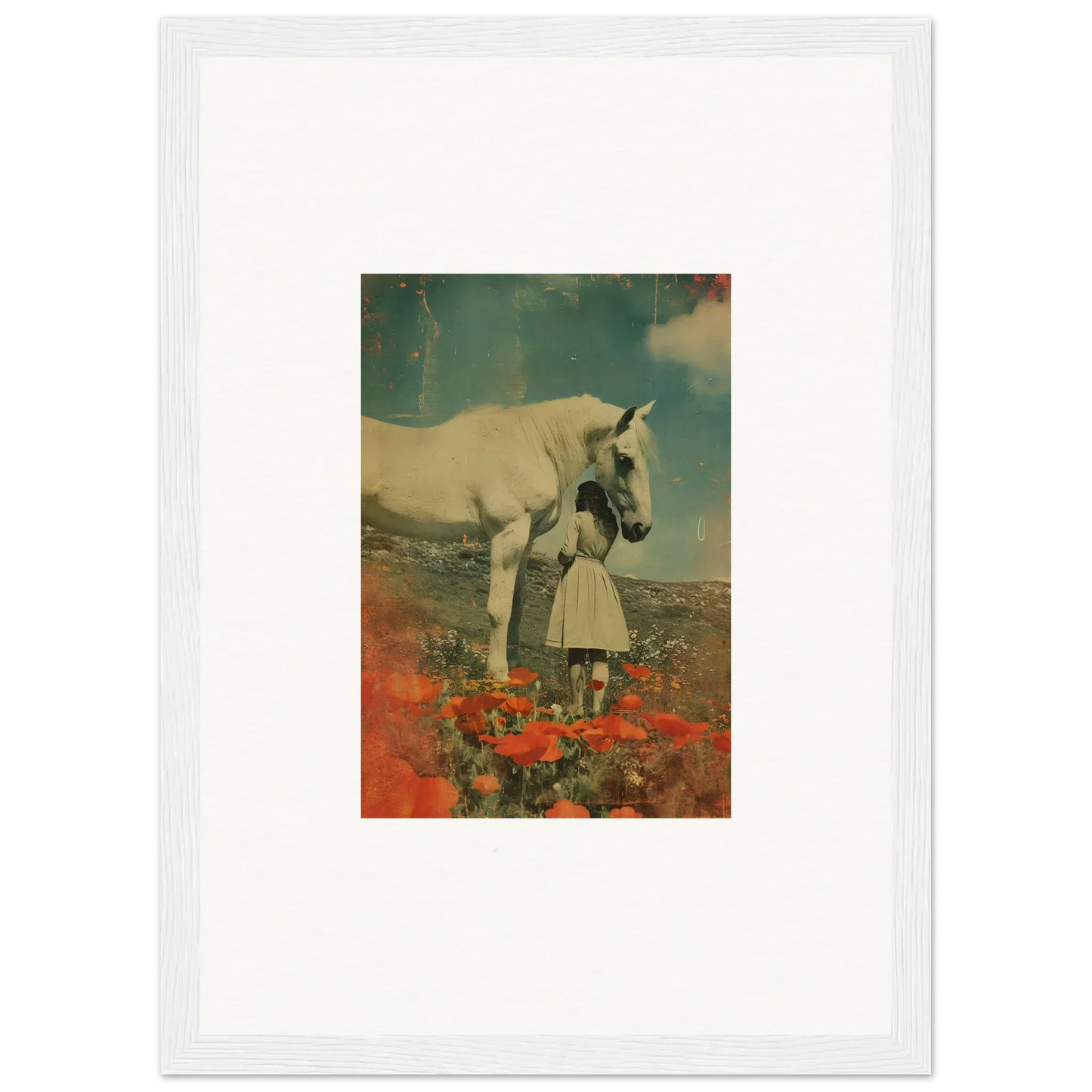 White unicorn beside person in red flowers for Cerulean Whisperer Equis room decor