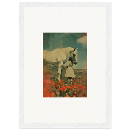 White unicorn beside person in red flowers for Cerulean Whisperer Equis room decor