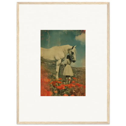 Surreal room decor of a giant unicorn and human figure in red flowers as Framed Wall Art