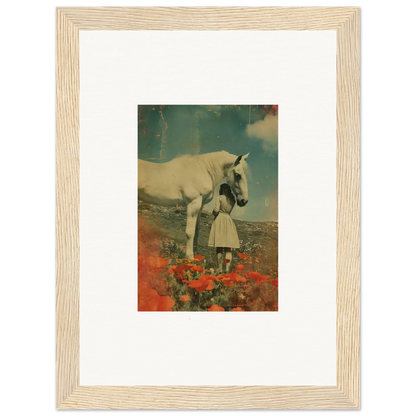 Framed wall art of a giant unicorn in a field of red flowers for unique room decor