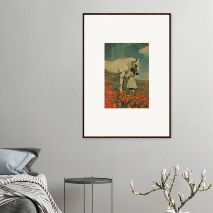 Framed wall art featuring a white horse in red flowers, perfect room decor for Whisperer Equis