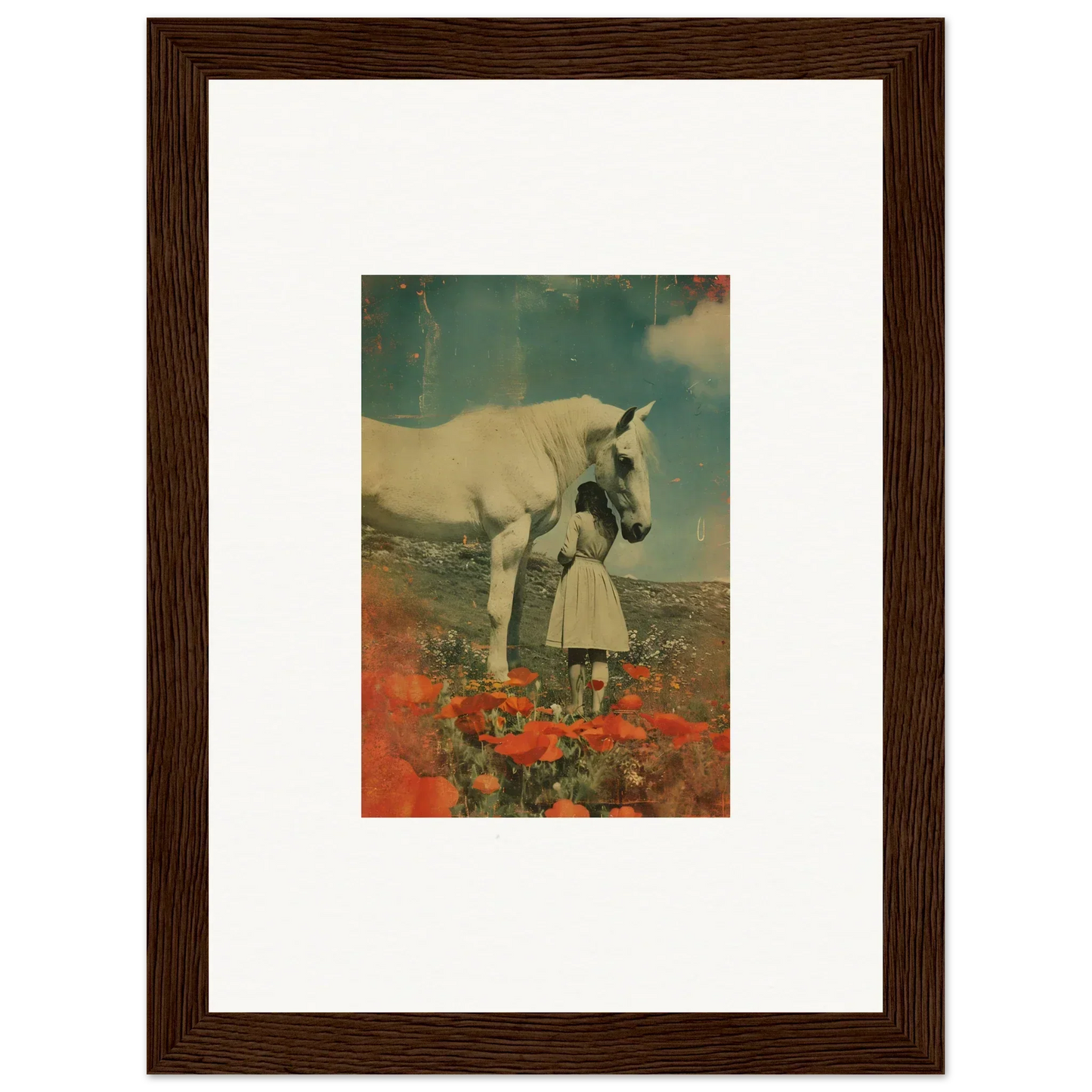 Framed wall art of a giant unicorn and human in a red flower field for Room Decor