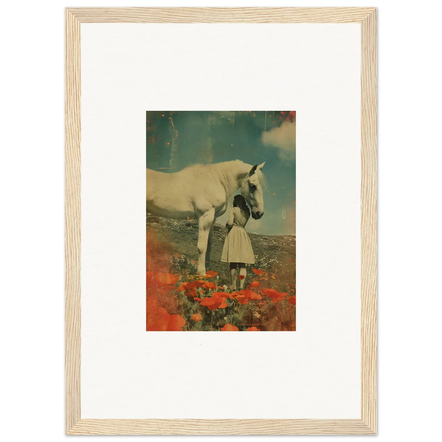 Framed wall art of surreal scene with giant unicorn in red flowers, Whisperer Equis