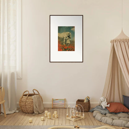 Framed wall art of a figure in a surreal landscape with red flowers, Whisperer Equis