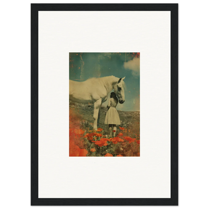 Framed wall art of a girl and giant unicorn in red flowers, perfect room decor