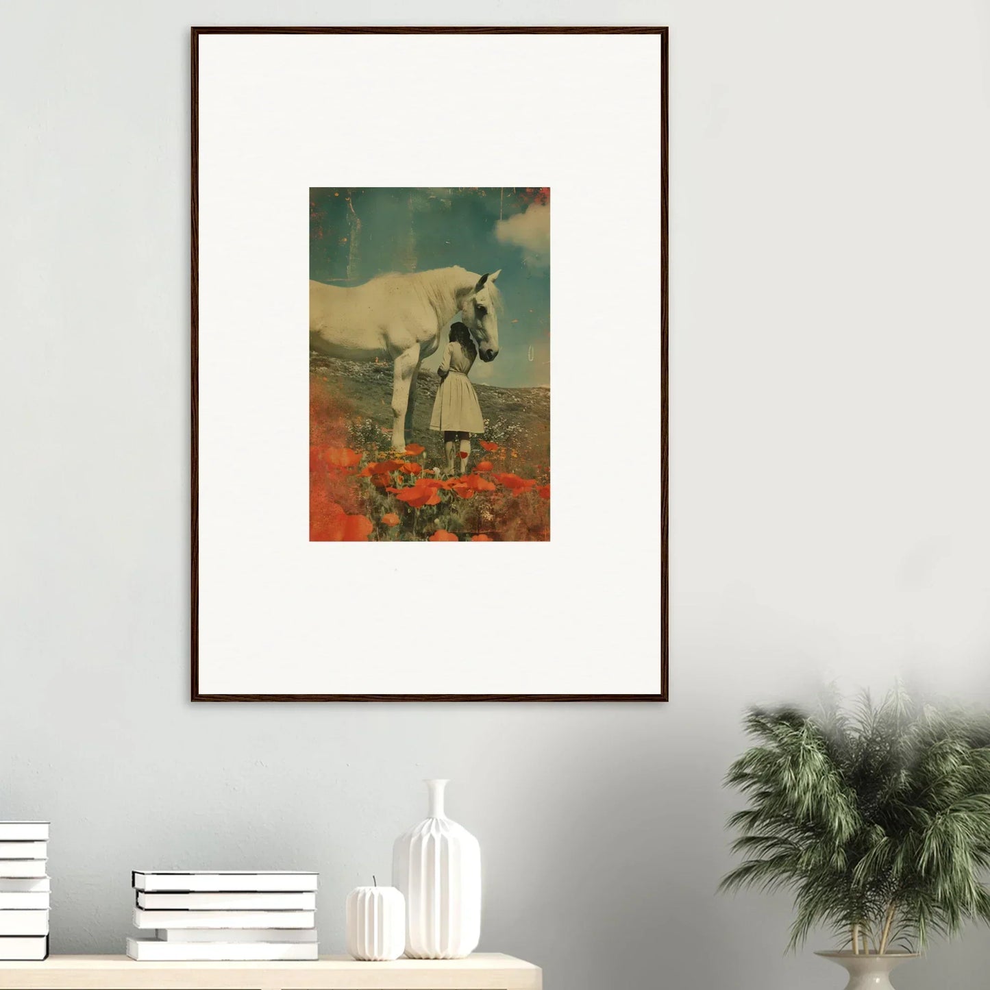 Framed wall art of a unicorn in red flowers for enchanting room decor by Whisperer Equis