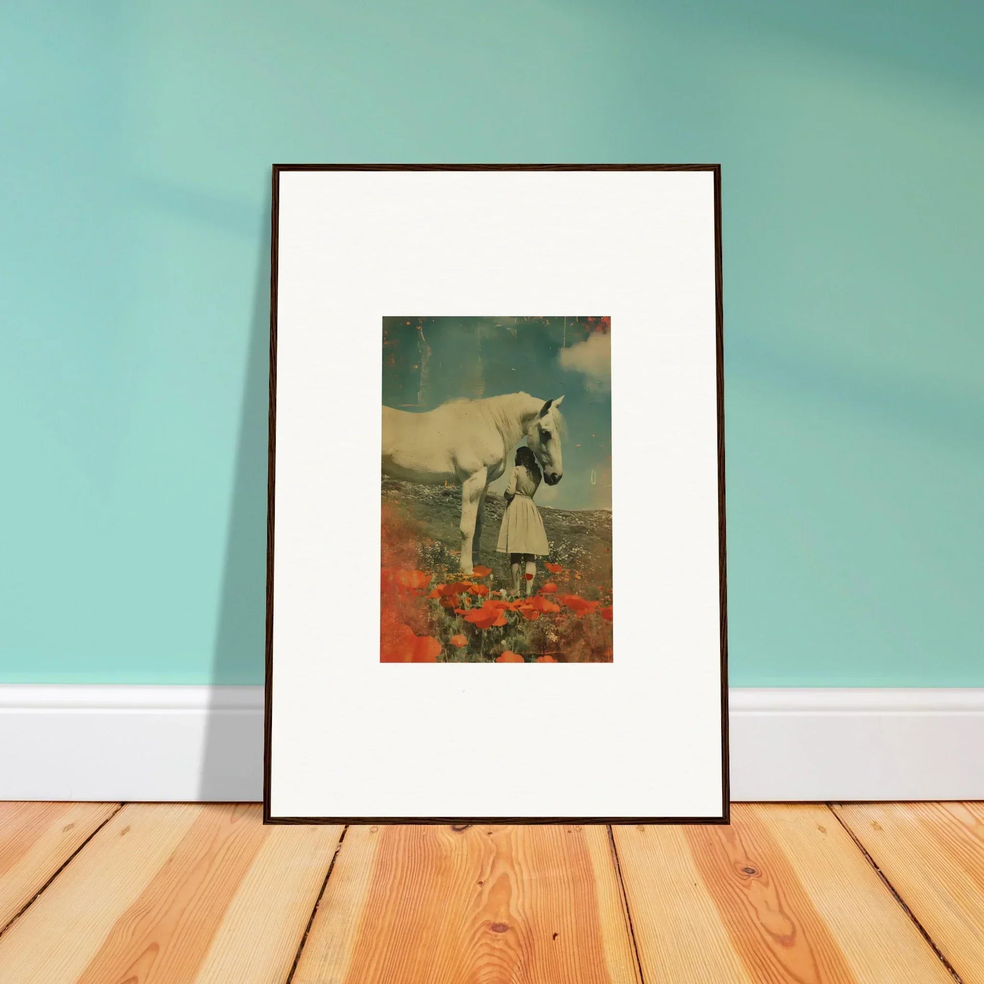 Framed wall art of a horse among red flowers, ideal room decor for Whisperer Equis