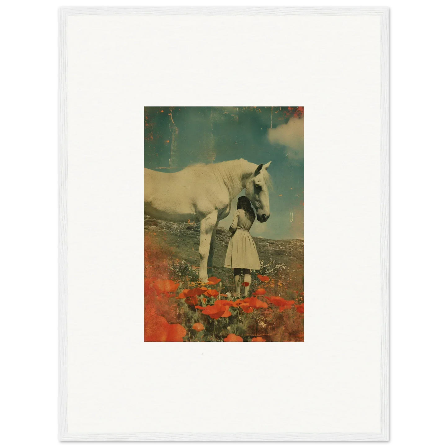 Surreal collage of a unicorn and person in dress among poppies for Room Decor, Framed Wall Art