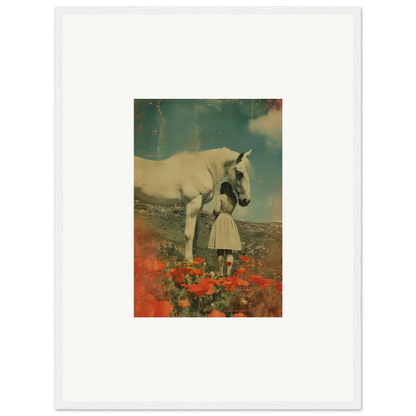 Surreal collage of a unicorn and person in dress among poppies for Room Decor, Framed Wall Art