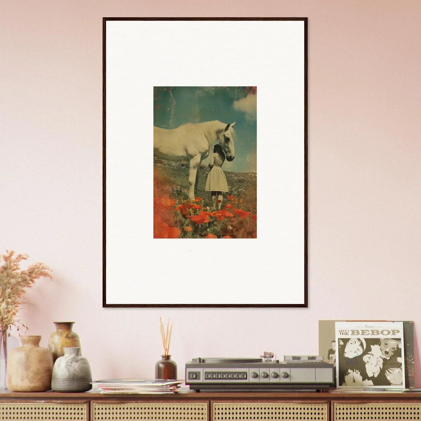 Framed wall art of a white horse and person in red flowers, perfect room decor