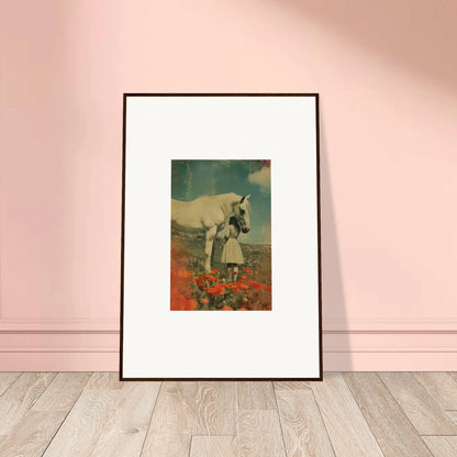 Framed wall art of a figure with a horse in red flowers, perfect for room decor