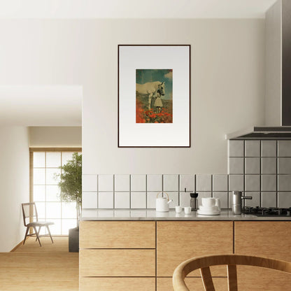 Kitchen featuring wooden cabinets, tiled backsplash, and framed wall art for stylish room decor