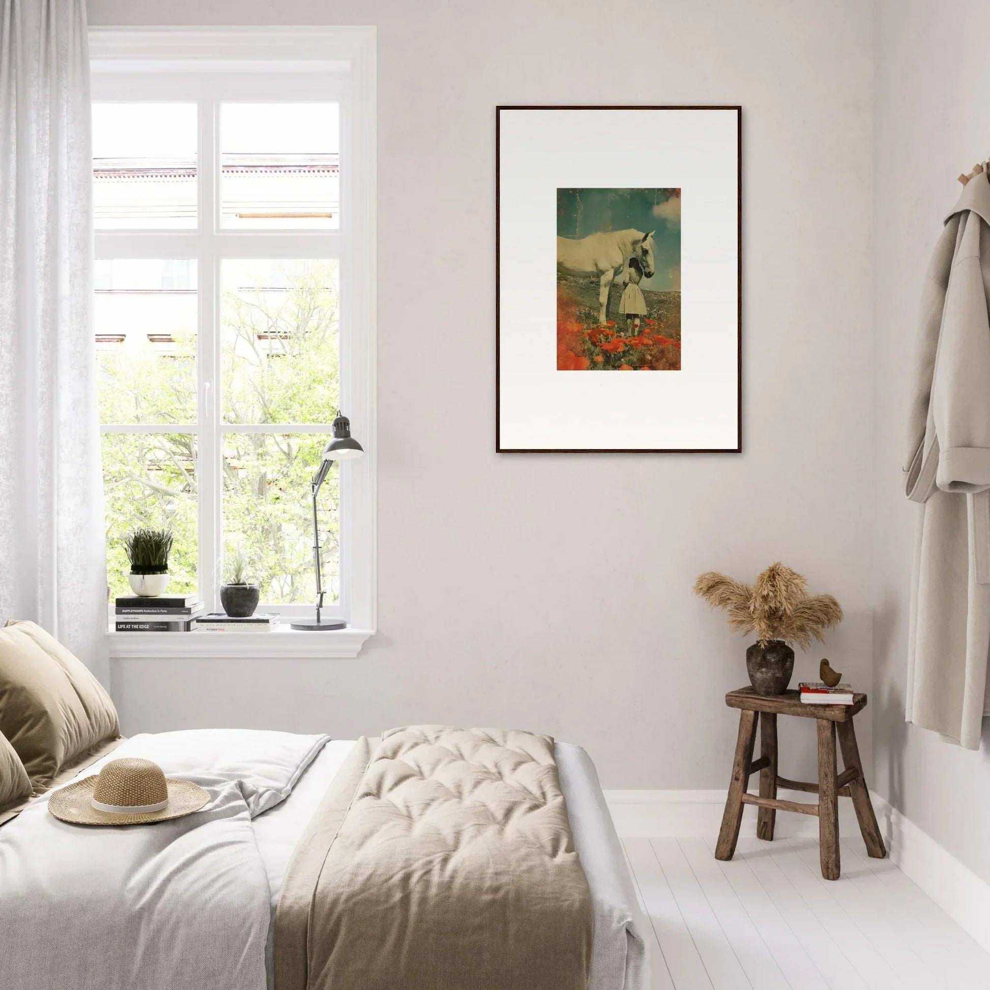 Cozy bedroom with light neutral decor featuring framed wall art by Whisperer Equis