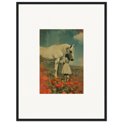 Surreal collage of a person and unicorn in flowers for Room Decor Framed Wall Art