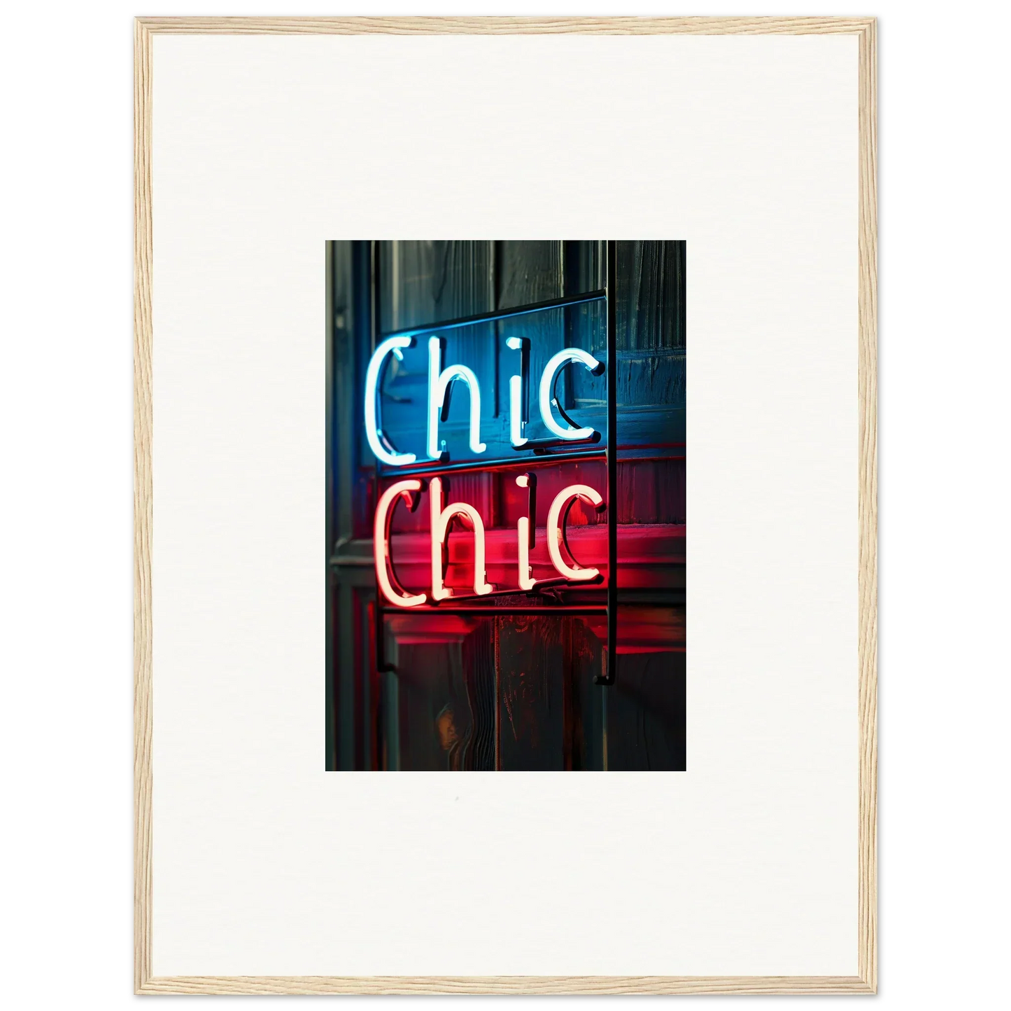 Neon sign Chic Chic in blue and red for stylish room decor and framed wall art