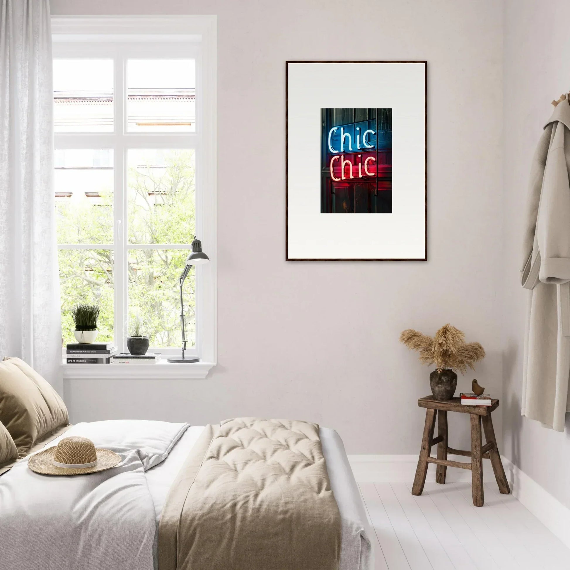 Framed wall art featuring Chic Chic neon sign in blue and red for stylish room decor