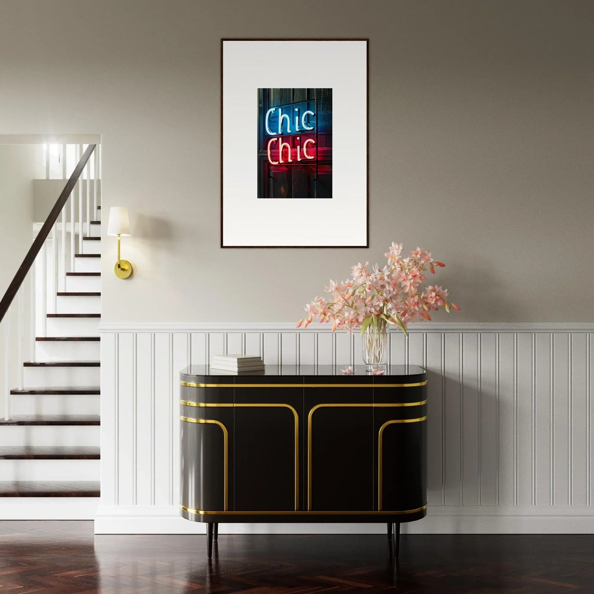 Framed neon sign artwork featuring Chic Chic in blue and red for stylish room decor