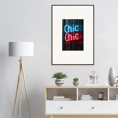 Framed neon sign artwork featuring Chic Chic in blue and red for trendy room decor