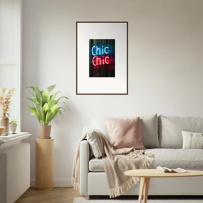 Framed neon sign artwork of Chic Chic in blue and red for stylish room decor