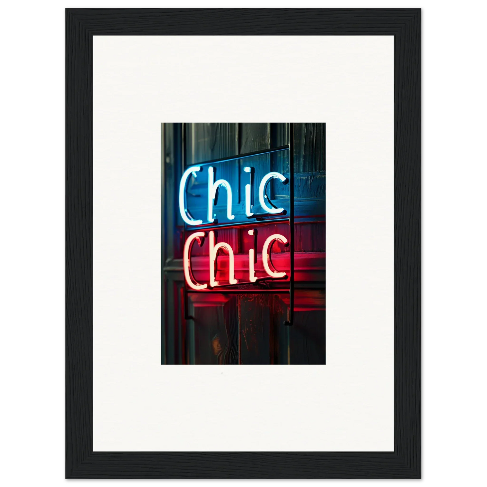 Framed neon sign art featuring Chic Chic in blue and red for stylish room decor