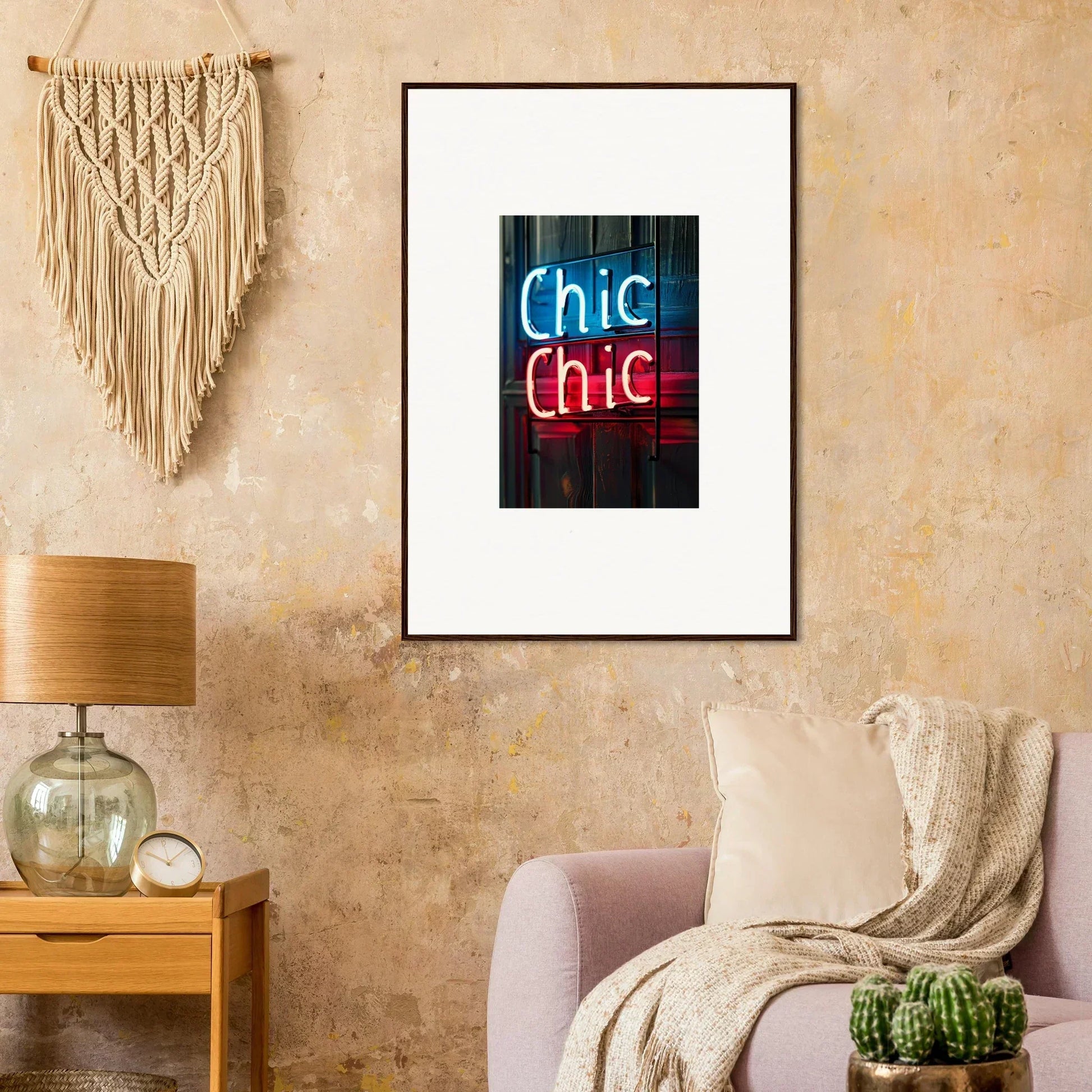 Framed wall art featuring neon Chic Chic text for stylish room decor