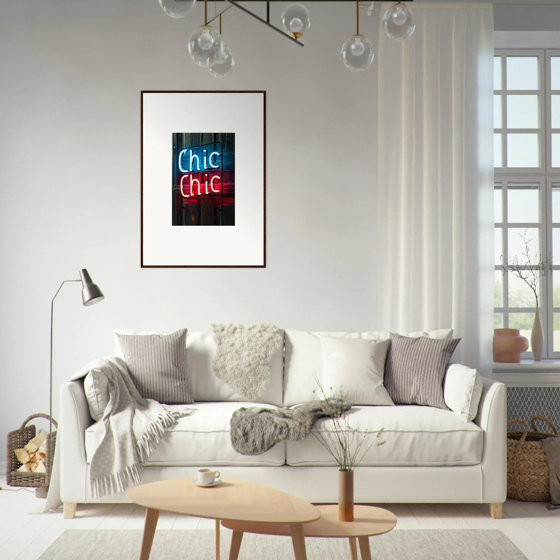 White sofa with throw pillows and blankets enhancing stylish room decor and framed wall art