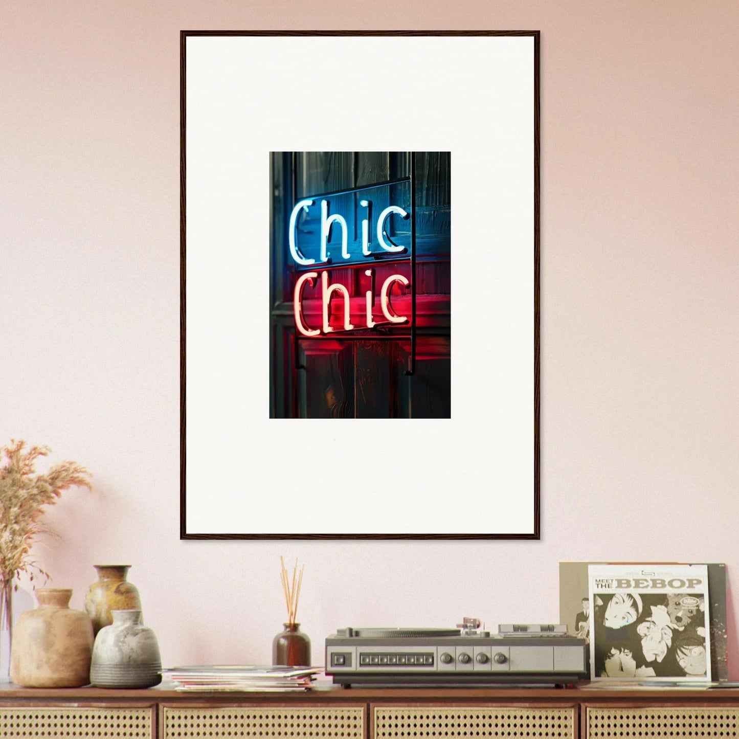 Framed wall art featuring a neon Chic Chic sign, ideal for modern room decor