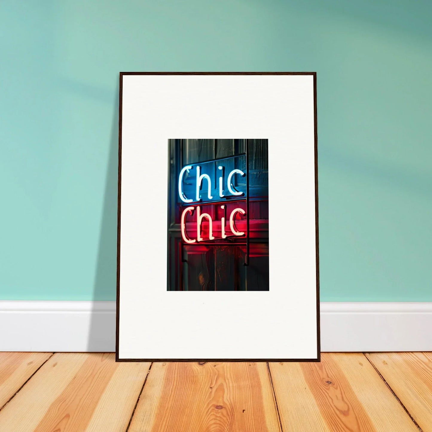 Framed wall art featuring neon Chic Chic text on dark background for stylish room decor