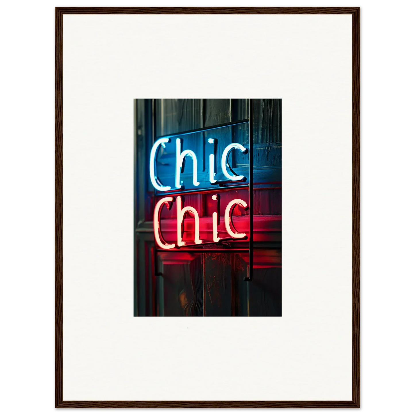 Framed neon sign with Chic Chic in blue and red, perfect for room decor and wall art