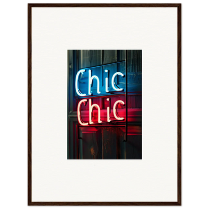 Framed neon sign with Chic Chic in blue and red, perfect for room decor and wall art