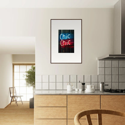 Framed neon sign artwork reading Chic Chic in blue and red for stylish room decor