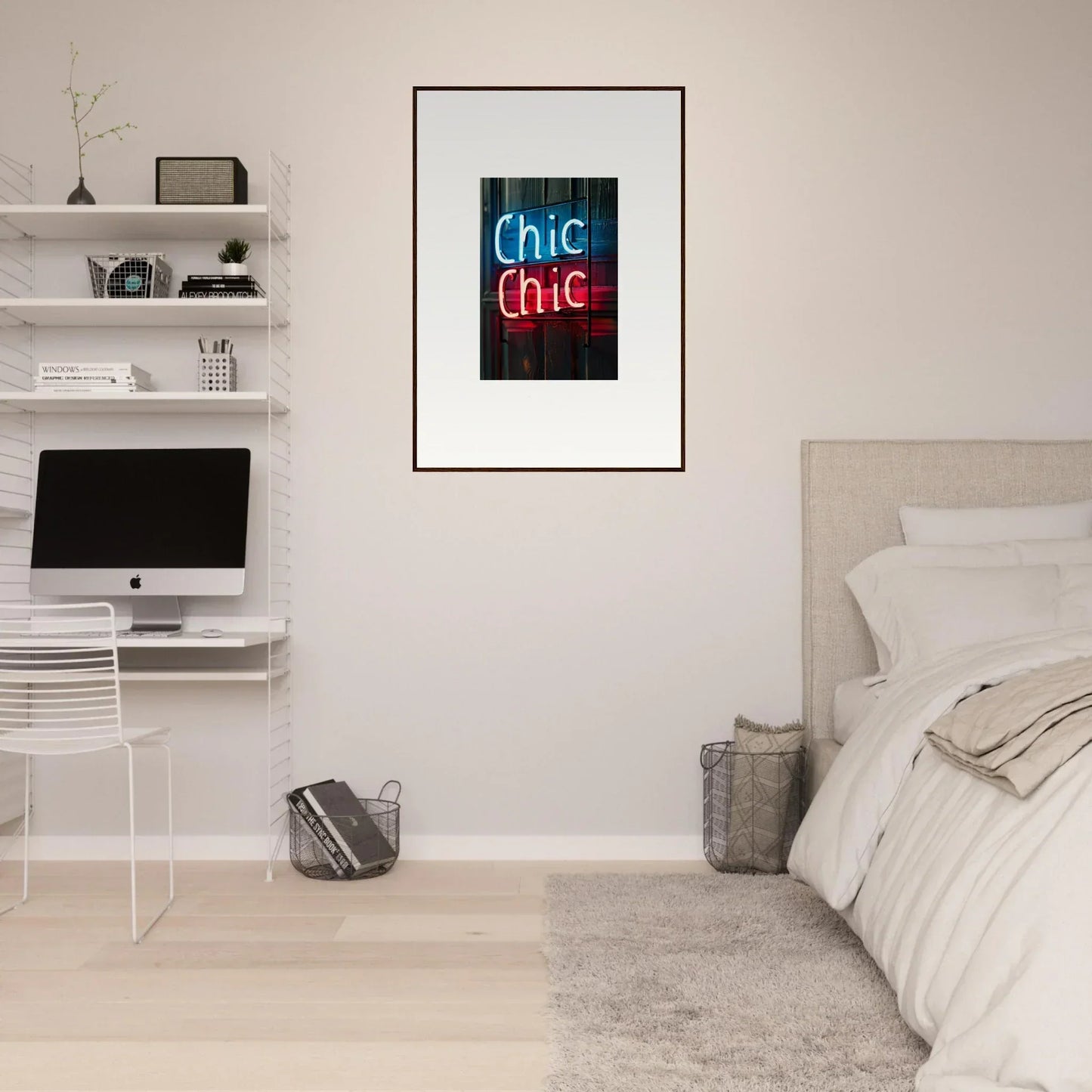 Framed neon sign artwork ’Chic Chic’ in red and blue enhances modern room decor