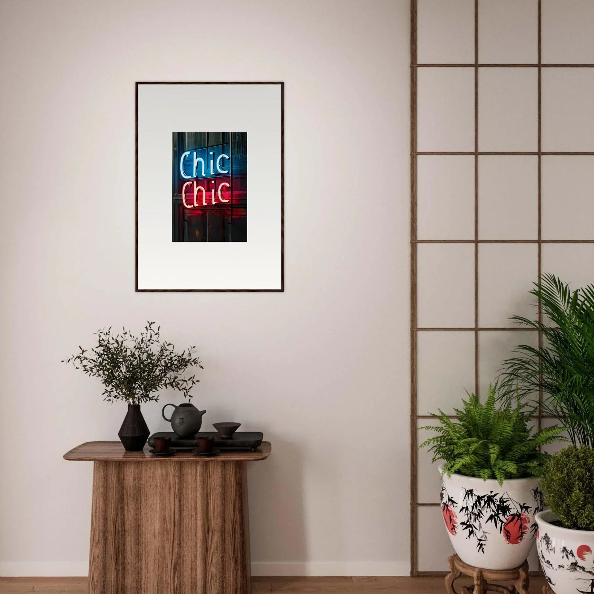 Framed neon sign artwork featuring Chic Chic in blue and red for stylish room decor