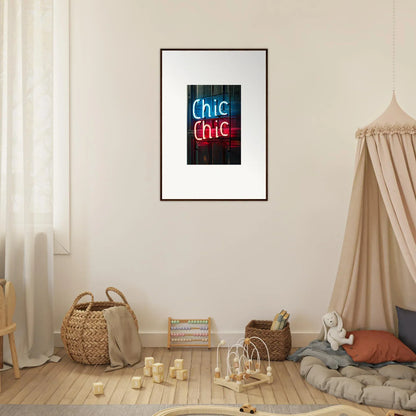 Framed neon sign artwork of Chic Chic in blue and red for stylish room decor