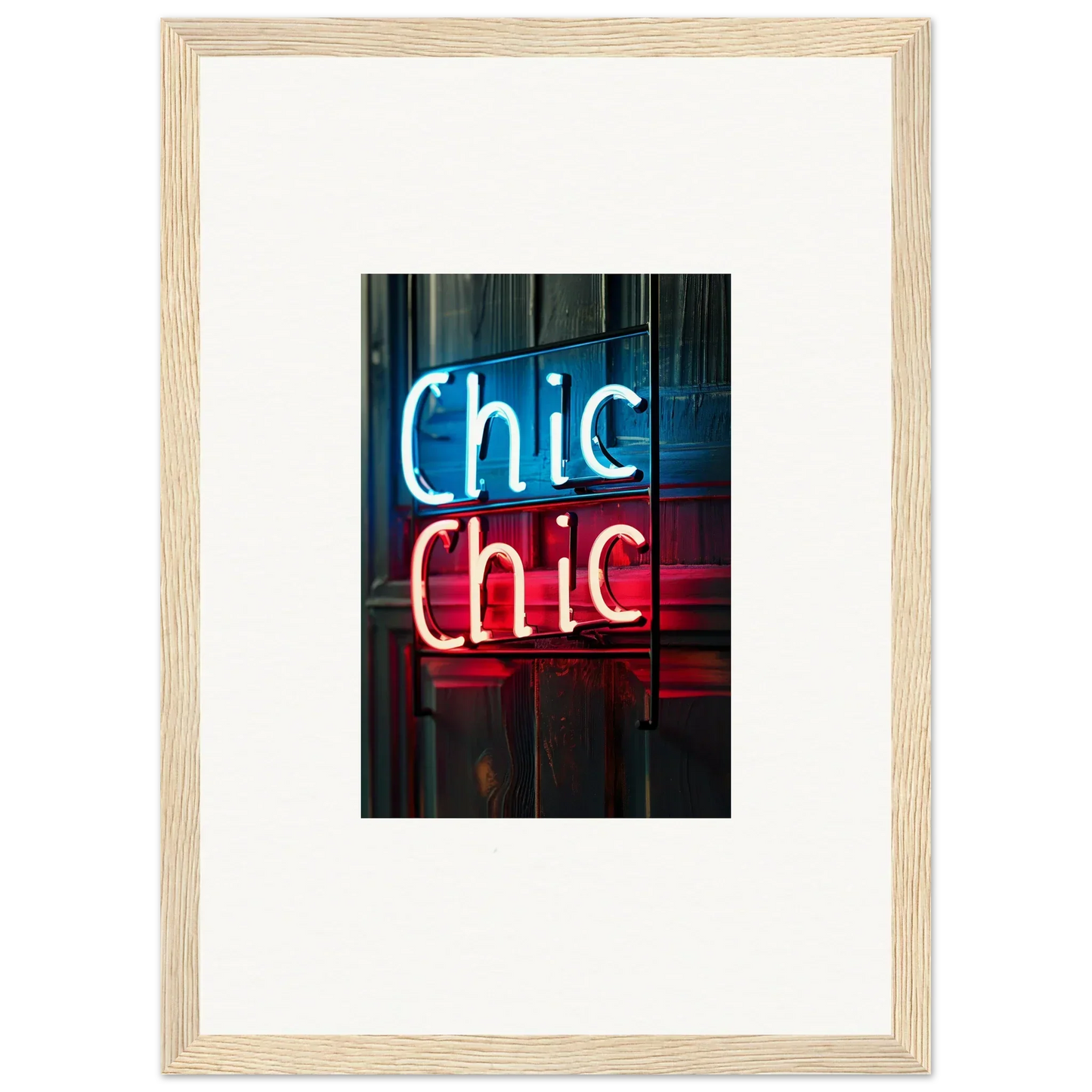 Framed wall art featuring a neon Chic Chic sign in blue and red for stylish room decor